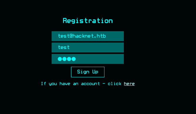 Registration page of the Hacknet application